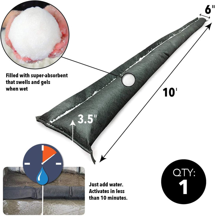 Quick Dam QD610-1 Wasseraktivierte Flutbarriere, 1 Packung, Schwarz, 10-ft 10-ft 1 Stück, 10-ft 1 St