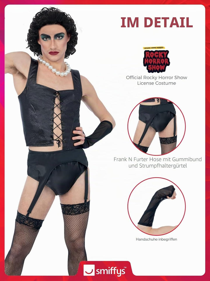 Smiffys Rocky Horror Show Frank N Furter Kostüm für Erwachsene, Korsett, Strapsgürtel, Hose, Handsch