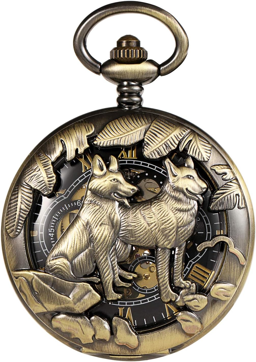 TREEWETO Unisex Taschenuhr mit Kette Analog Mechanisch Handaufzug Wolf wölfe Skelett Hohl Fall Für M