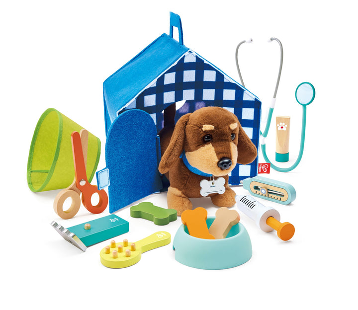 Hape Tierarzt-Set, Interaktiver Hund mit tragbarer Hundehütte, viel Zubehör, ab 3 Jahren