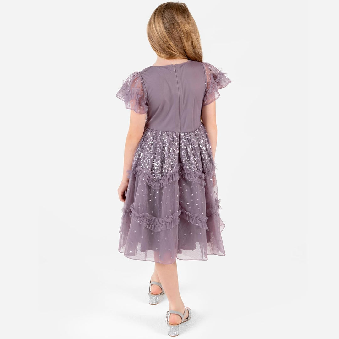 Maya Deluxe Mädchen Girl's Sequin Ruffles Sparkling Party Short Sleeve Midi Wedding Guest Tutu Frill
