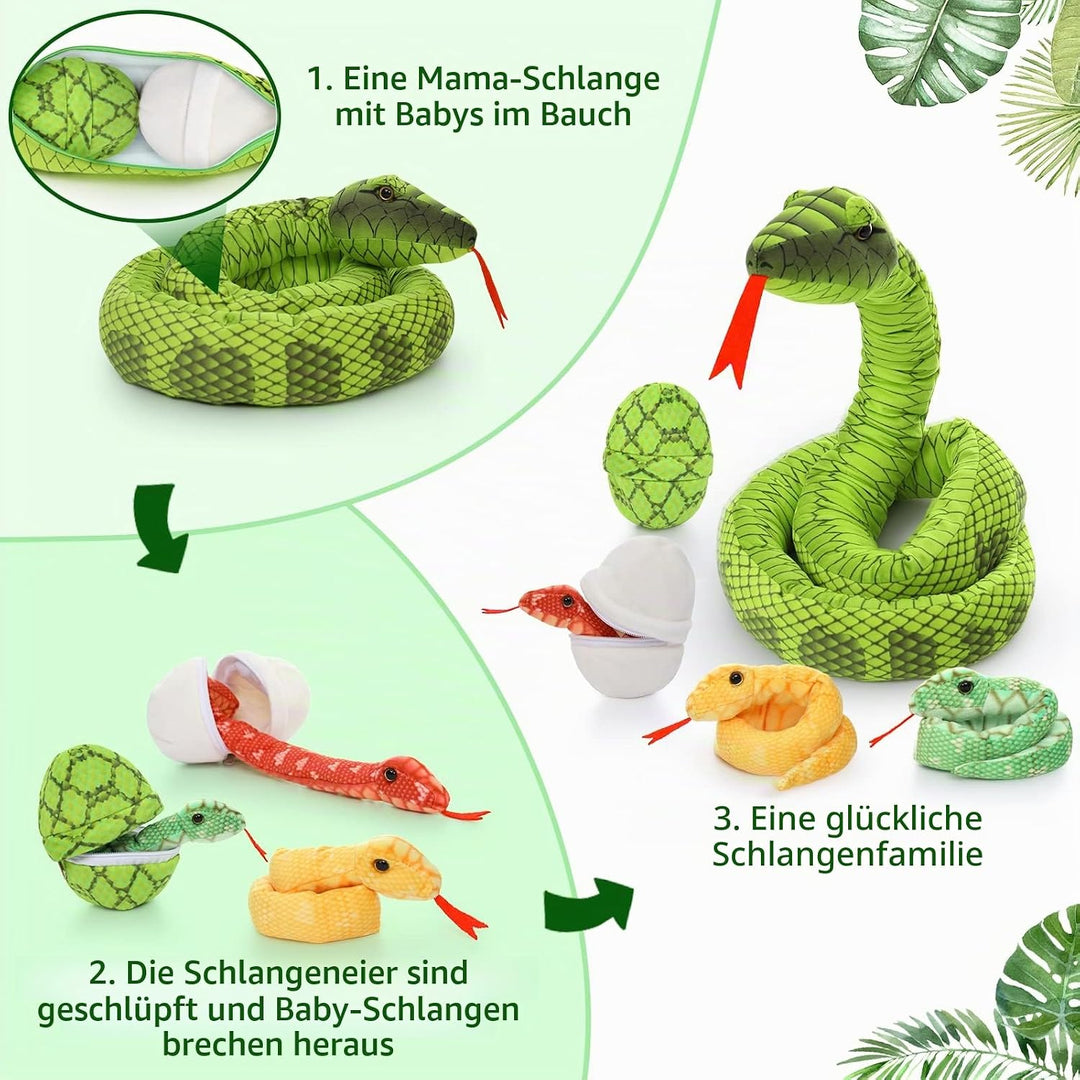 MorisMos Riesen Schlange Kuscheltier XXL,200cm lang Grün Kuschelschlange mit 3 Baby im Bauch, Gross