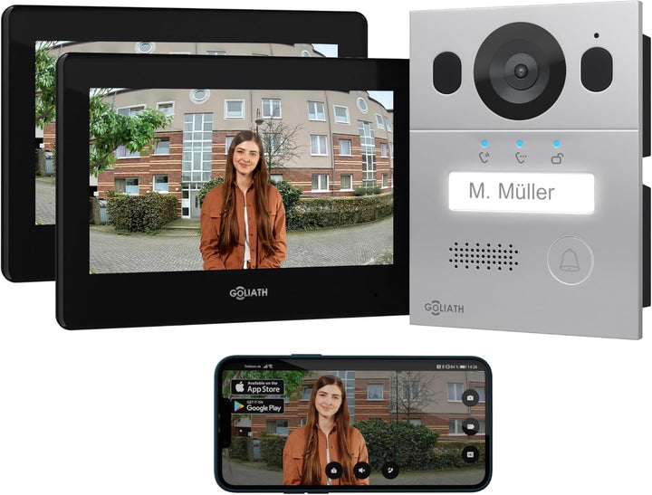 GOLIATH Basic Video Türsprechanlage, 2 Draht Bus, 2X 7 Monitor, Aufputz Türklingel mit Kamera, Gegen