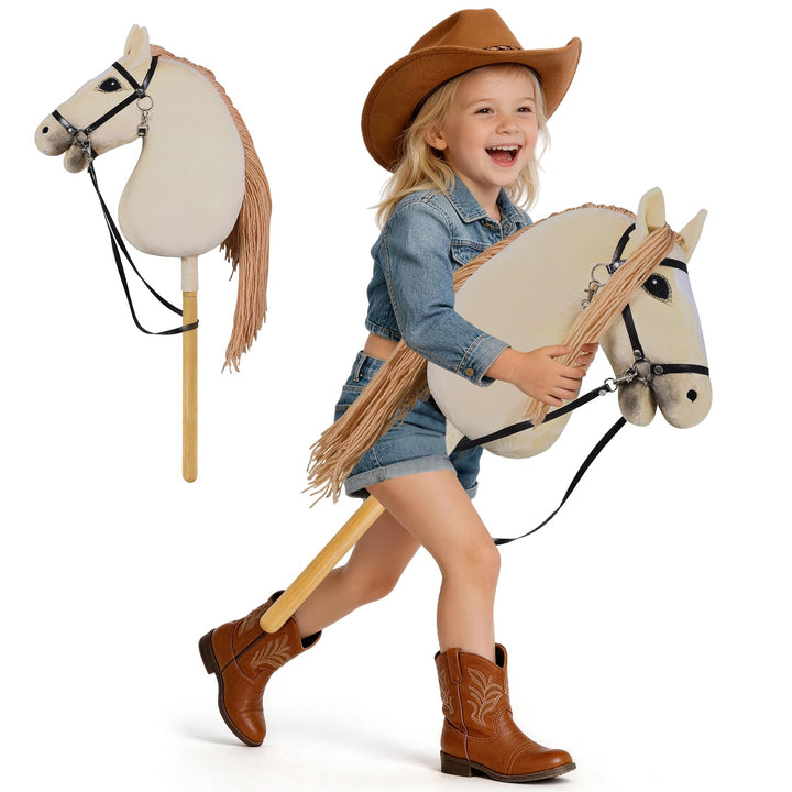 Hobby Horse für Kinder, Steckenpferd Spielzeug Pferd mit Halfter und Zügeln, Holzpferd Plüschpferd S