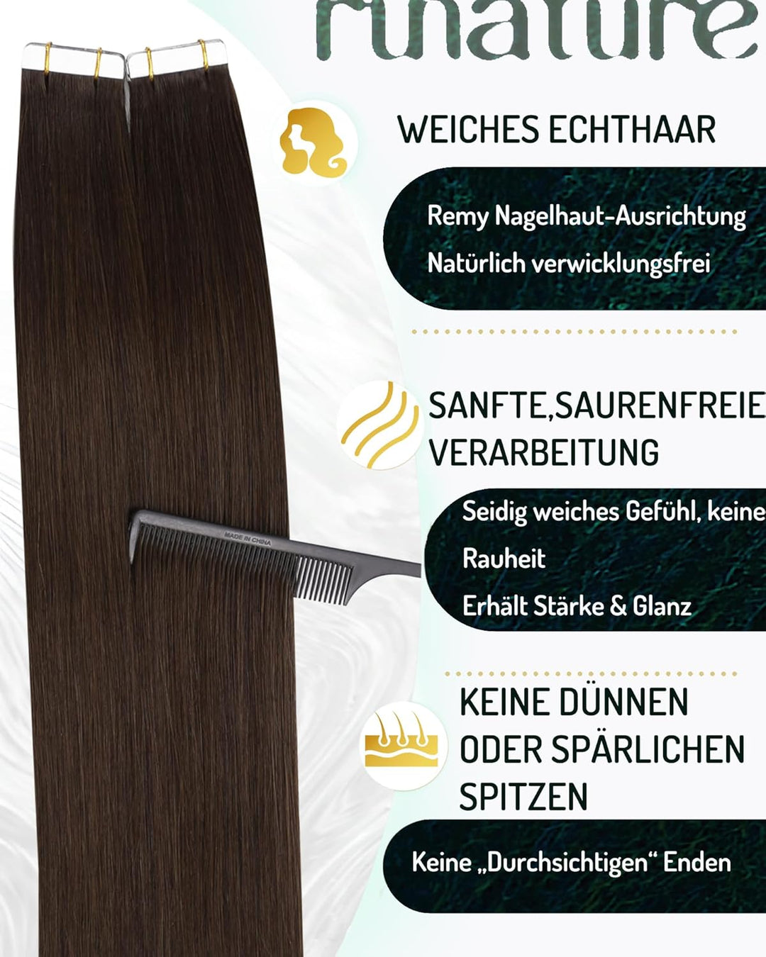 RUNATURE Tape in Extensions Echthaar Dunkelbraun Tape Echthaar Extensions 30cm Naturliches Tape in H