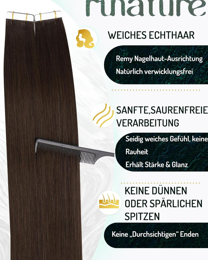 RUNATURE Tape in Extensions Echthaar Dunkelbraun Tape Echthaar Extensions 30cm Naturliches Tape in H