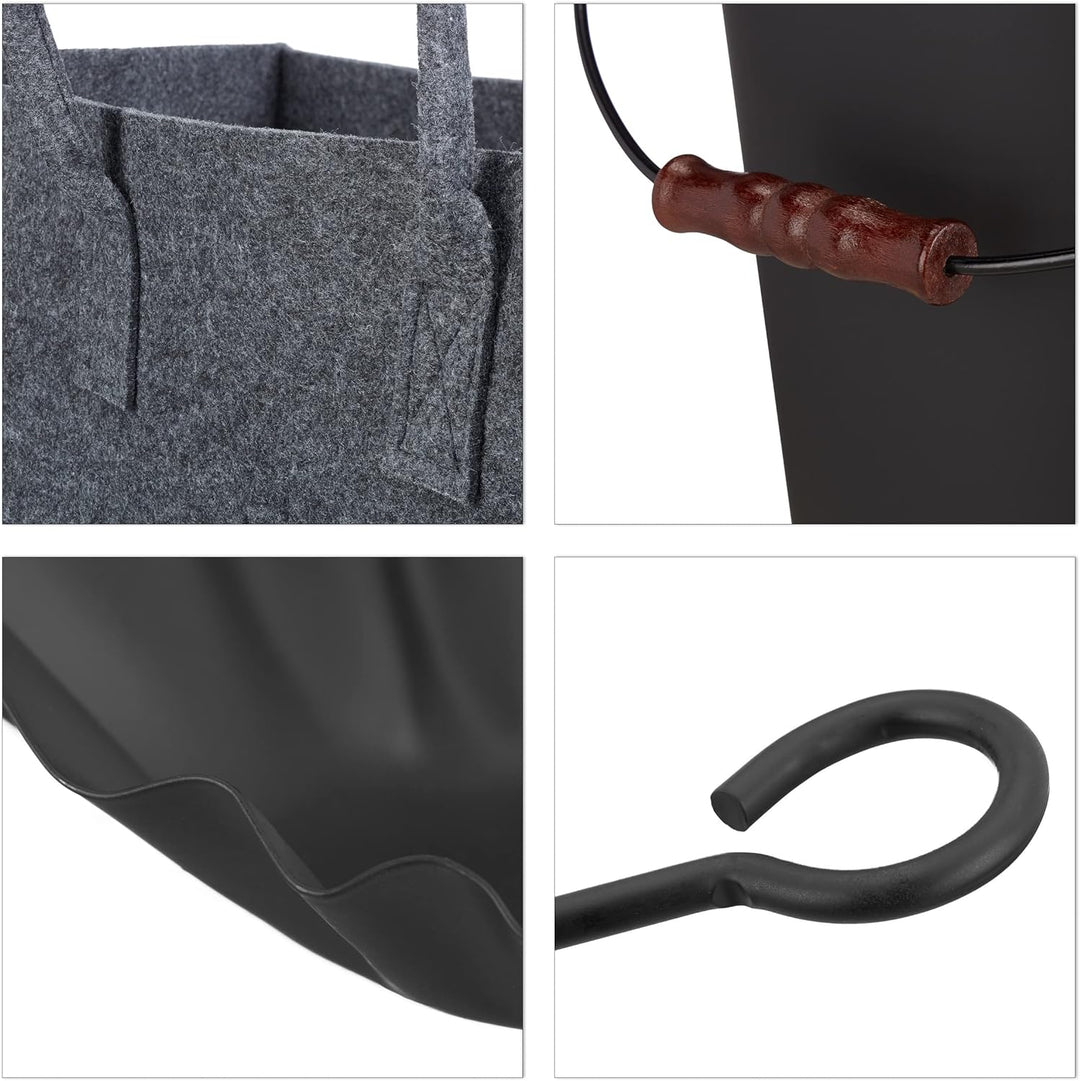 Relaxdays 8 TLG. Kamin-Komplettset, Ascheeimer, Kohlenschaufel, Kaminholztasche, Kaminbesteck, Stahl