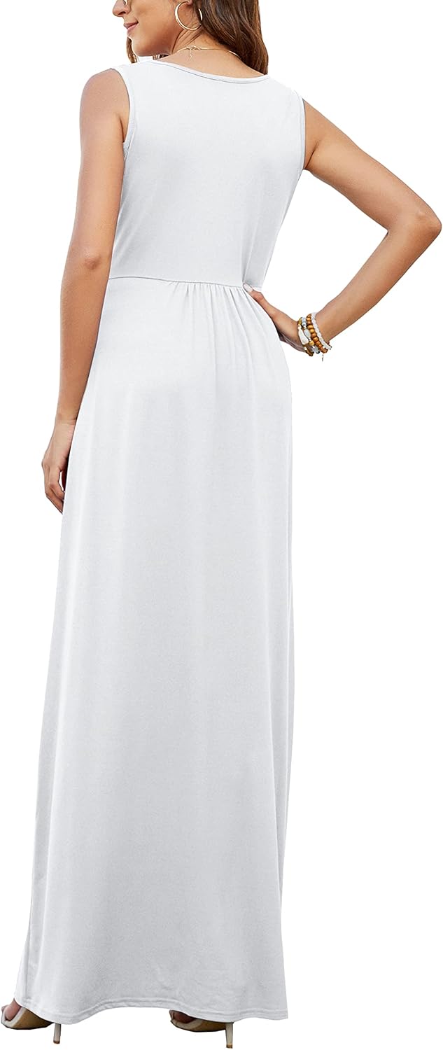 AUSELILY Maxikleid Damen Sommer ärmellos Kleid Lang Elegant tiefem V-Ausschnitt Abendkleid mit Tasch
