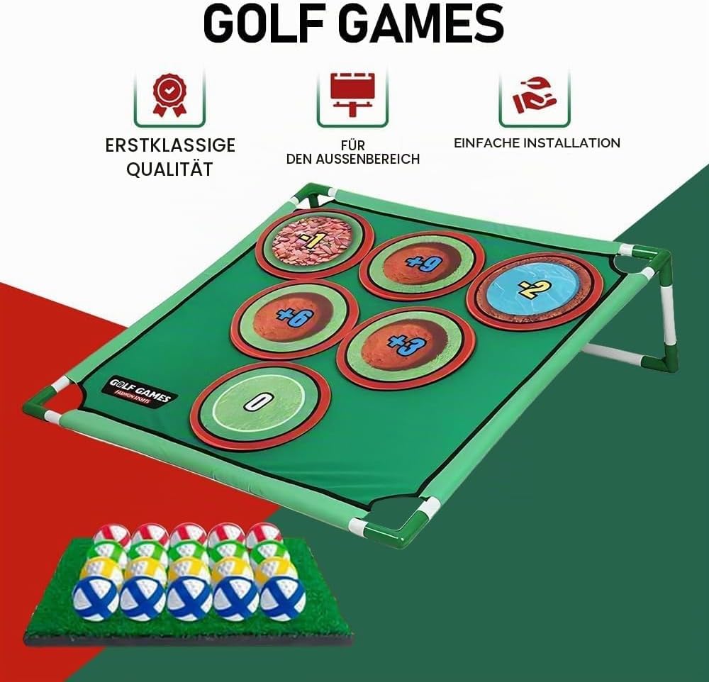 Golf Spielset für Zuhause mit Puttmatte, Klebebällen &amp; Tragetasche – Cornhole-Spiel für Garten, Juge