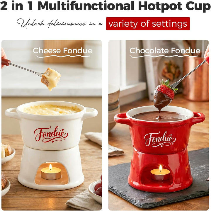 Yoassi Keramik Käsefondue Set, Mini Schokoladenfondue Tasse, Käsebecher mit 4 Gabeln, zum Schmelzen