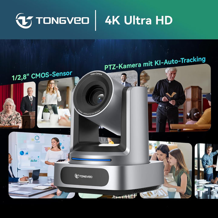 TONGVEO AI 4K PTZ Kamera mit Auto-Tracking, 10-facher optischer Zoom Videokonferenzkamera, HDMI & US