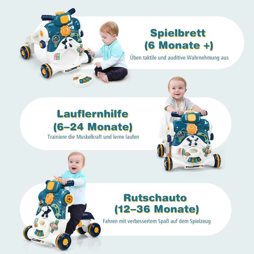 COSTWAY 3 in 1 Lauflernwagen mit Lichtern und Musik, Lauflernhilfe & Rutschauto & Spielbrett, Baby W
