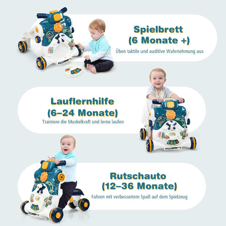COSTWAY 3 in 1 Lauflernwagen mit Lichtern und Musik, Lauflernhilfe & Rutschauto & Spielbrett, Baby W