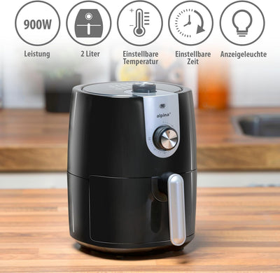 alpina Airfryer 2L - Heissluftfritteuse 900W - Temperatur Einstellbar von 80 bis 200 °C - für 2 bis