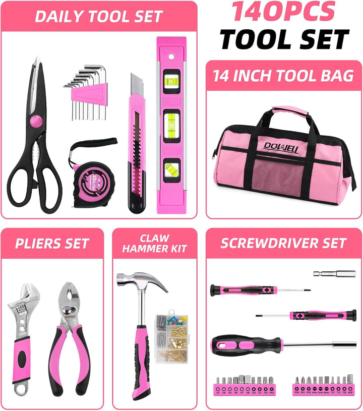 DOWELL Pinkes Werkzeugset für Damen, Mädchen, Damen, Haushaltswerkzeug-Set mit 35,6 cm Werkzeugtasch