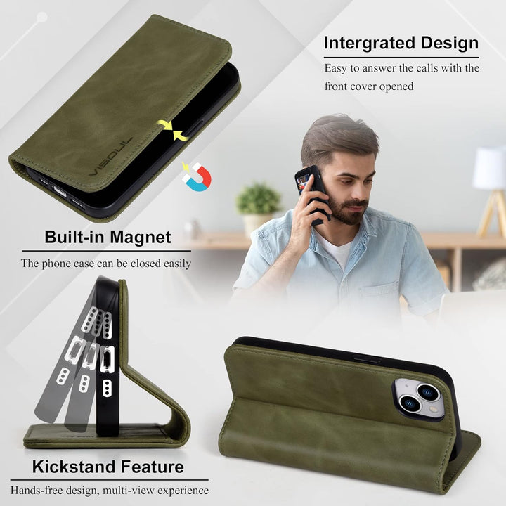 VISOUL Hülle für iPhone 15, Schutzhülle [Echt Leder] [Schützt vor Stoss] [Kartenfach] [Magnetverschl