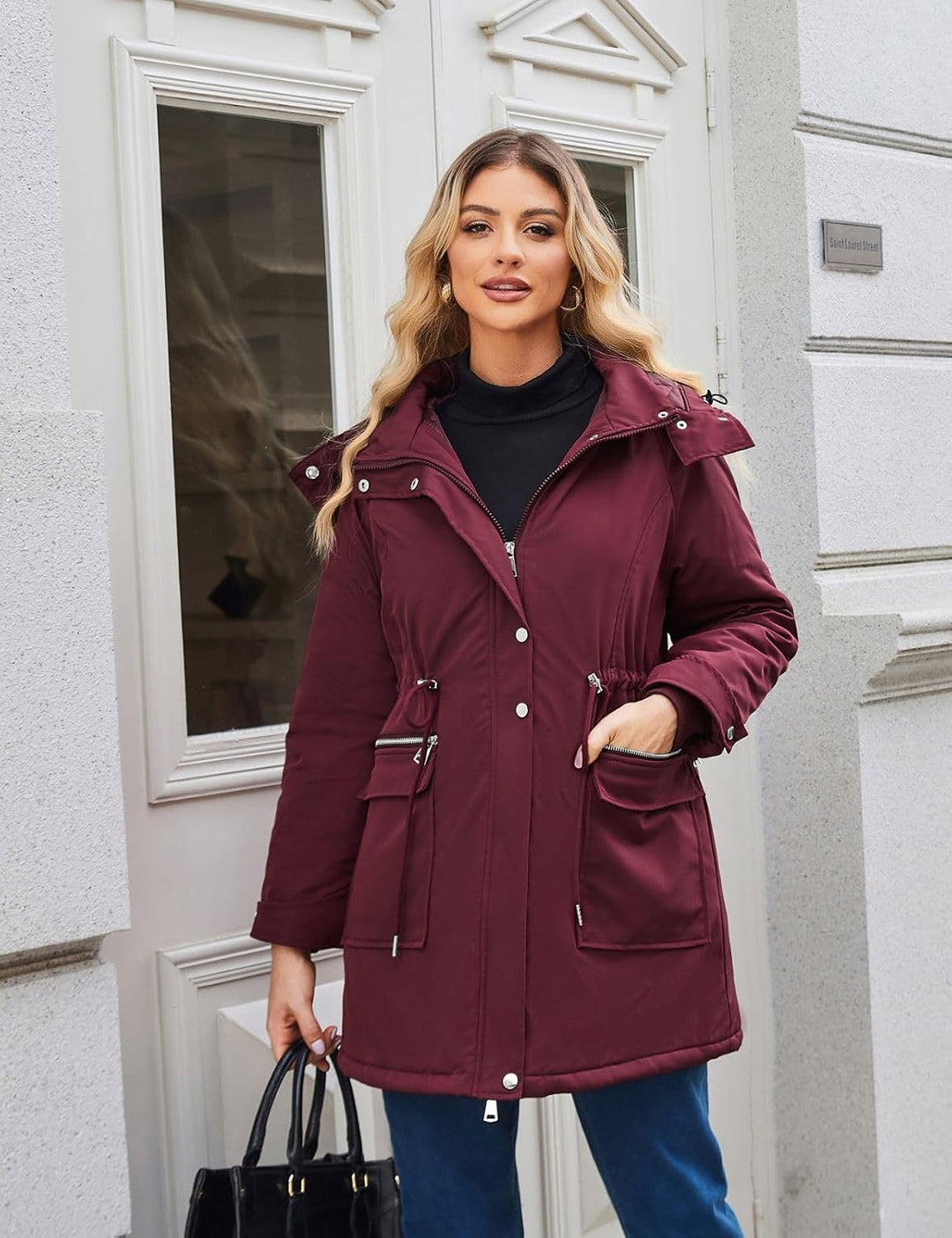 Maacie Umstands Baumwolljacke 3 in 1 Winter Langer Puffer Daunenjacke Parka mit Kapuze mit Taschen W