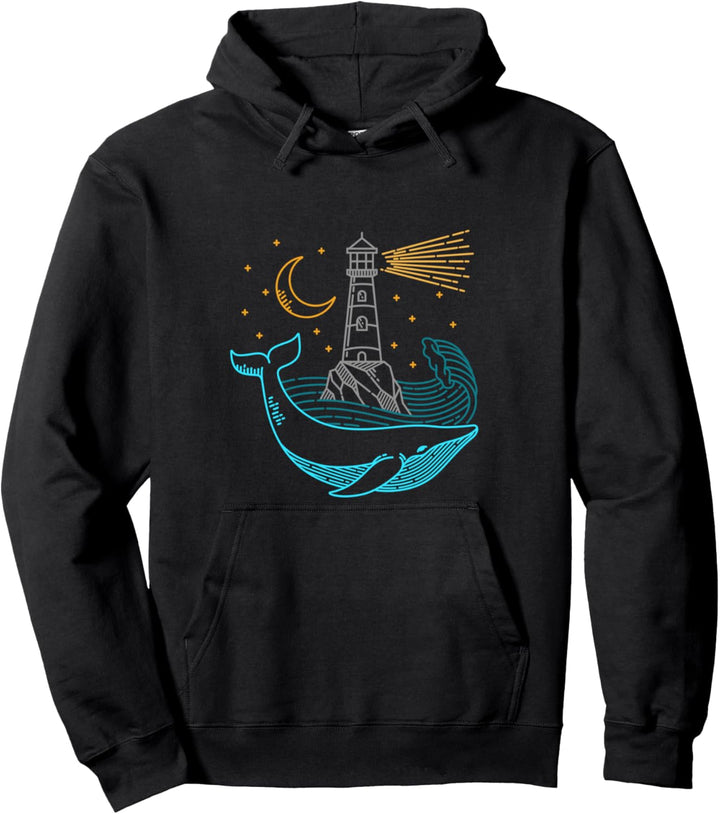 Wal mit Leuchtturm Nacht mit Mond und Mondschein am Meer Pullover Hoodie
