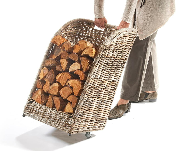 Kobolo Kaminholzwagen aus Rattan, Kubu Grey mit Leinenstoff, 44x34x 78 cm, robuste & stilvolle Holza