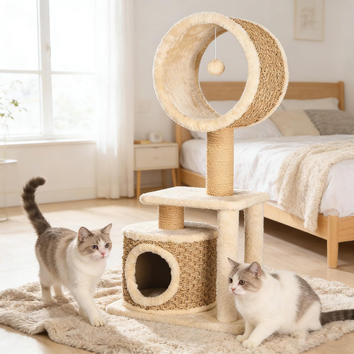 Kratzbaum Modern mit Sisal Kratzsäulen & Handgestrickter Höhle – Stabiler Katzenbaum aus Natürlichem