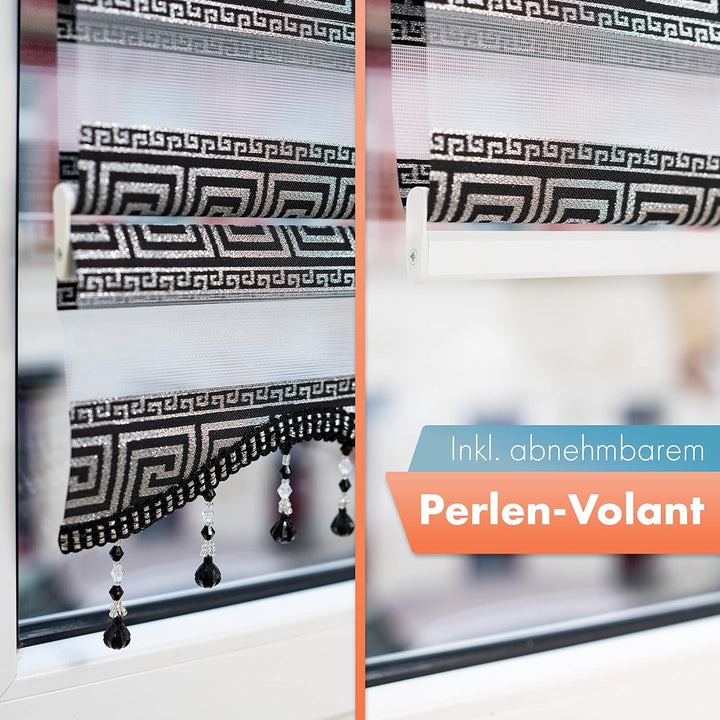 Doppelrollo mit Muster Mäander Deko Griechische Welle Ornament Motiv Klemm Duo Rollos für Fenster In