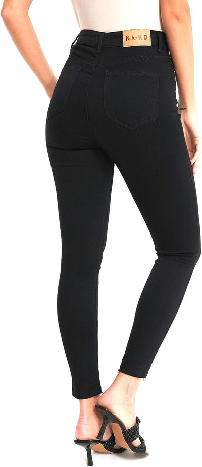 NA-KD Damen Skinny High Waist Open Hem Jeans, Schwarz