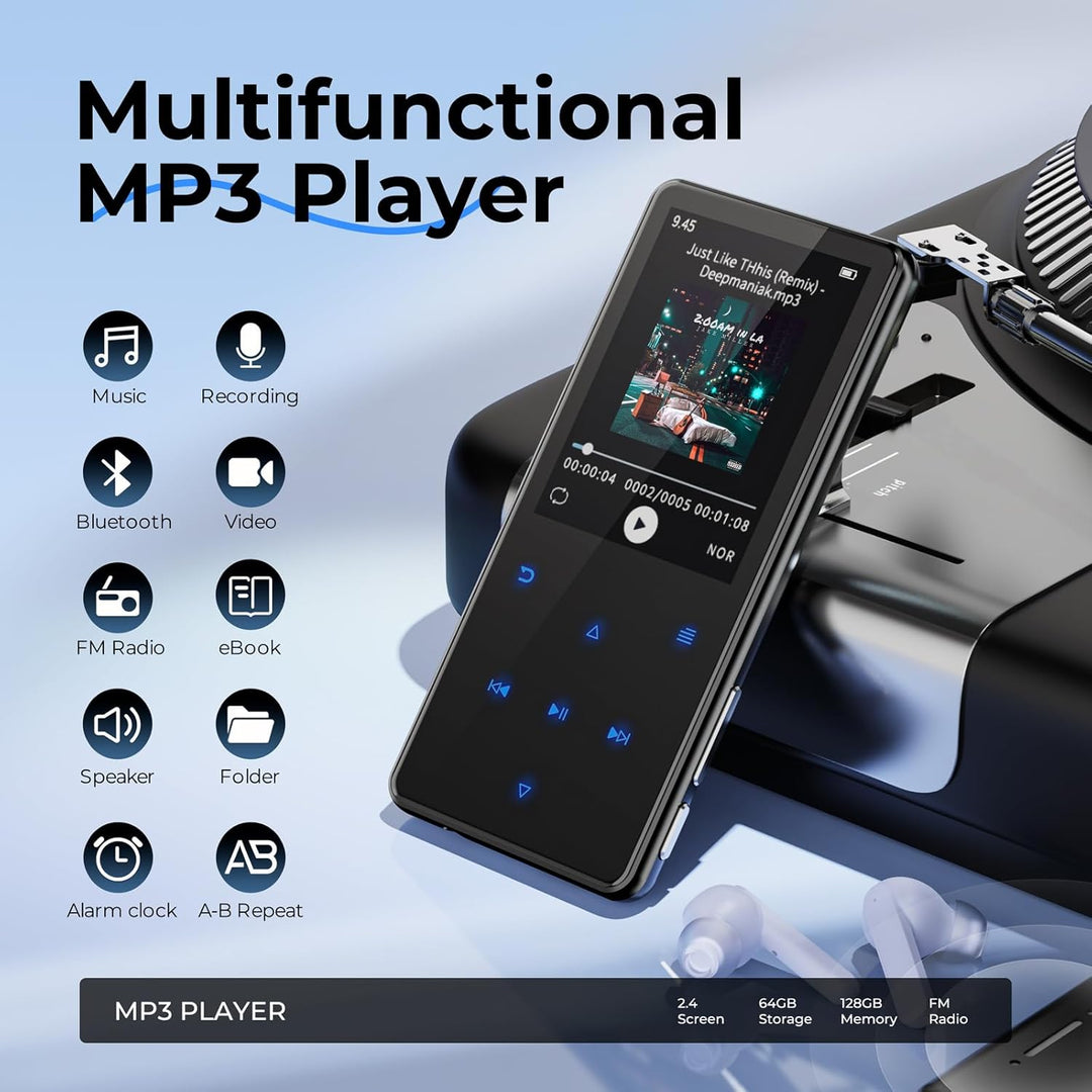 64GB MP3 Player Bluetooth 5.3, mp4-Player, 2,4-Zoll-Bildschirm Tragbarer mp3-Player für Kinder mit e