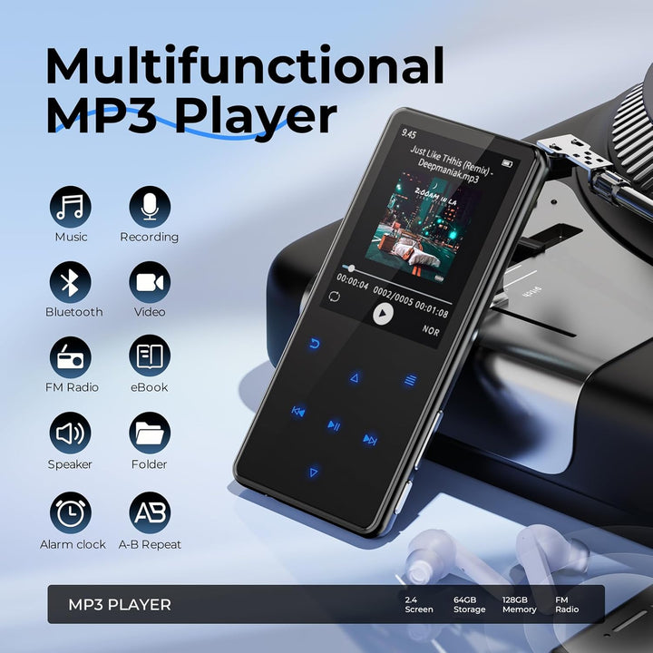 64GB MP3 Player Bluetooth 5.3, mp4-Player, 2,4-Zoll-Bildschirm Tragbarer mp3-Player für Kinder mit e