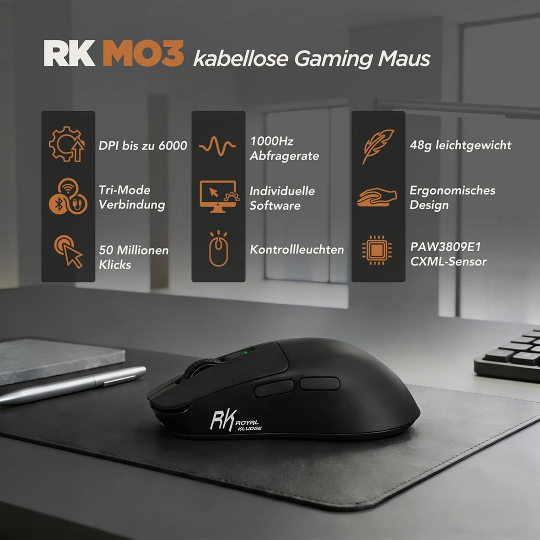 RK ROYAL KLUDGE RK MO3 Gaming Maus Kabellos 48g leichte PC Maus mit Bluetooth/2.4G/Kabel, 6000 DPI o