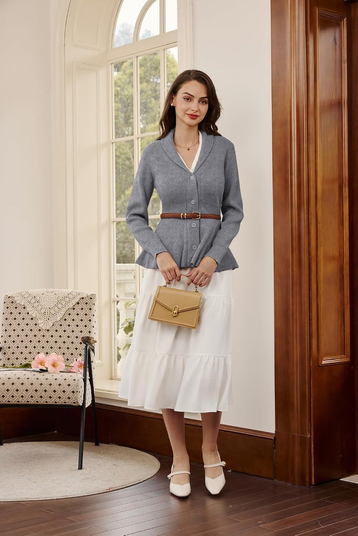 Belle Poque Damen Strickjacke Langarm Reverskragen Cardigan mit Rüschensaum Casual Strickmantel XL G