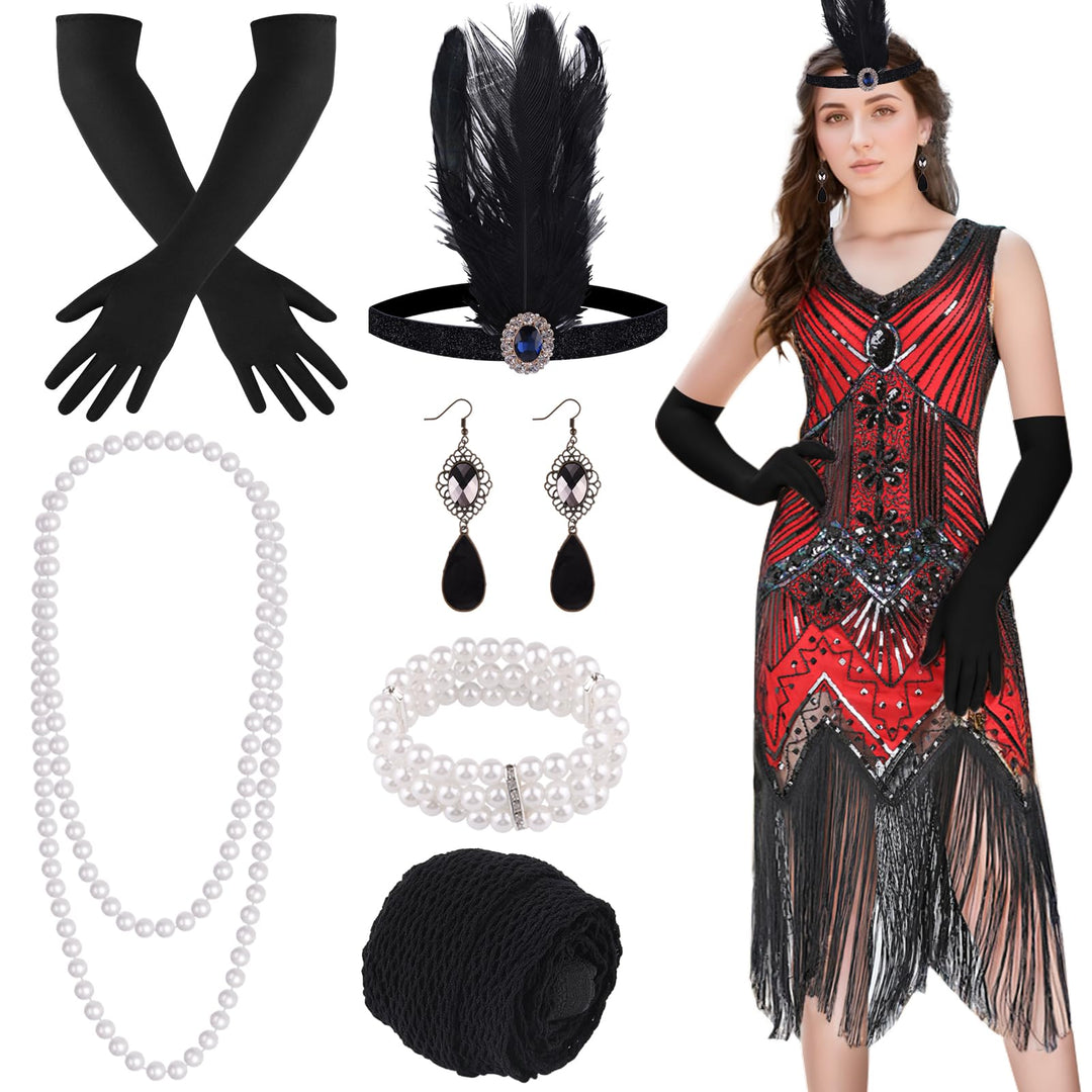 ELECLAND 1920er V-Ausschnitt Pailletten Perlen Fransenkleid mit 20er Accessoires Set S Red (Style 2)