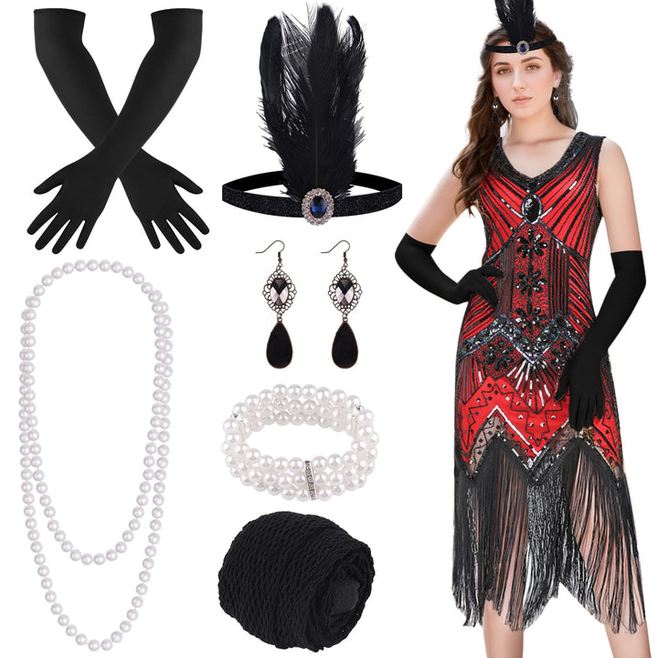 ELECLAND 1920er V-Ausschnitt Pailletten Perlen Fransenkleid mit 20er Accessoires Set S Red (Style 2)