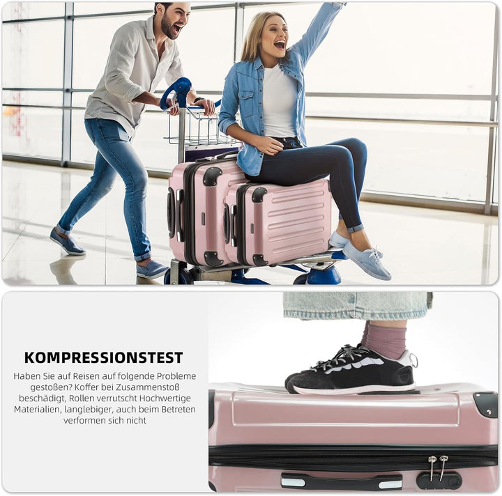 BEIBYE- 3er Kofferset Hartschalen-Koffer Reisekoffer Trolley Rollkoffer Set Reisekofferset (Rosa Gol