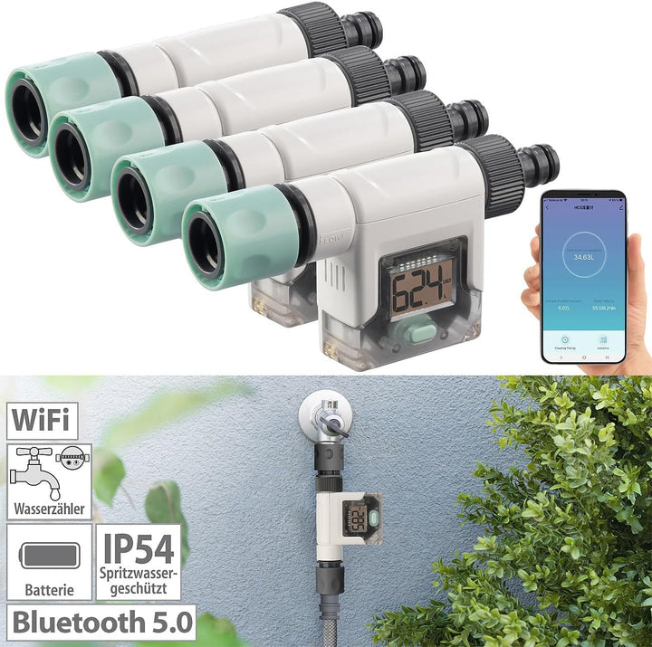 Royal Gardineer Wasserverbrauch-Zähler: 4er-Set Smart-Wasserzähler für Gartenschlauch, Display, Blue