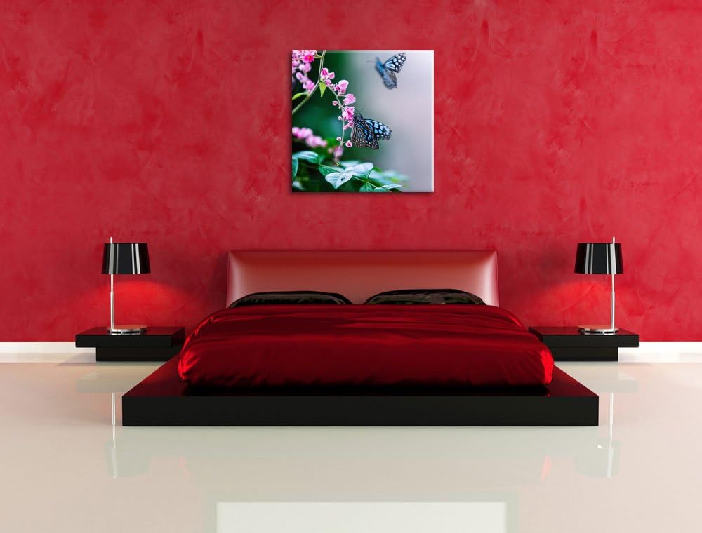 Pixxprint schöne Schmetterlinge auf rosa Blumen, Format: 70x70 auf Leinwand, 70x70