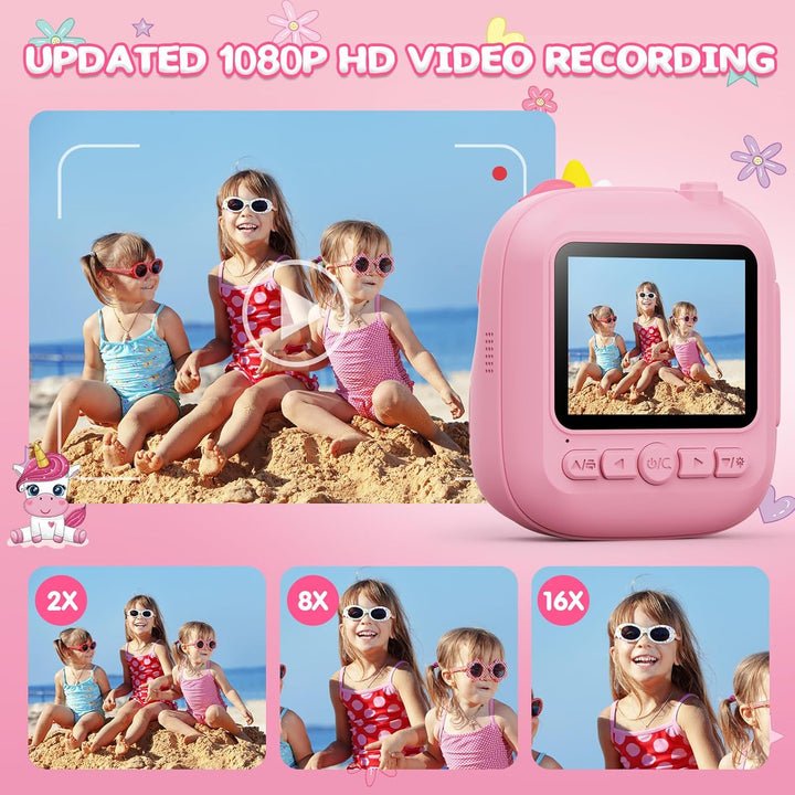 CAMCLID Kinderkamera Sofortbildkamera, 2,4 Zoll Sofortbildkamera Kinder mit 32G TF Karte und Fotopap