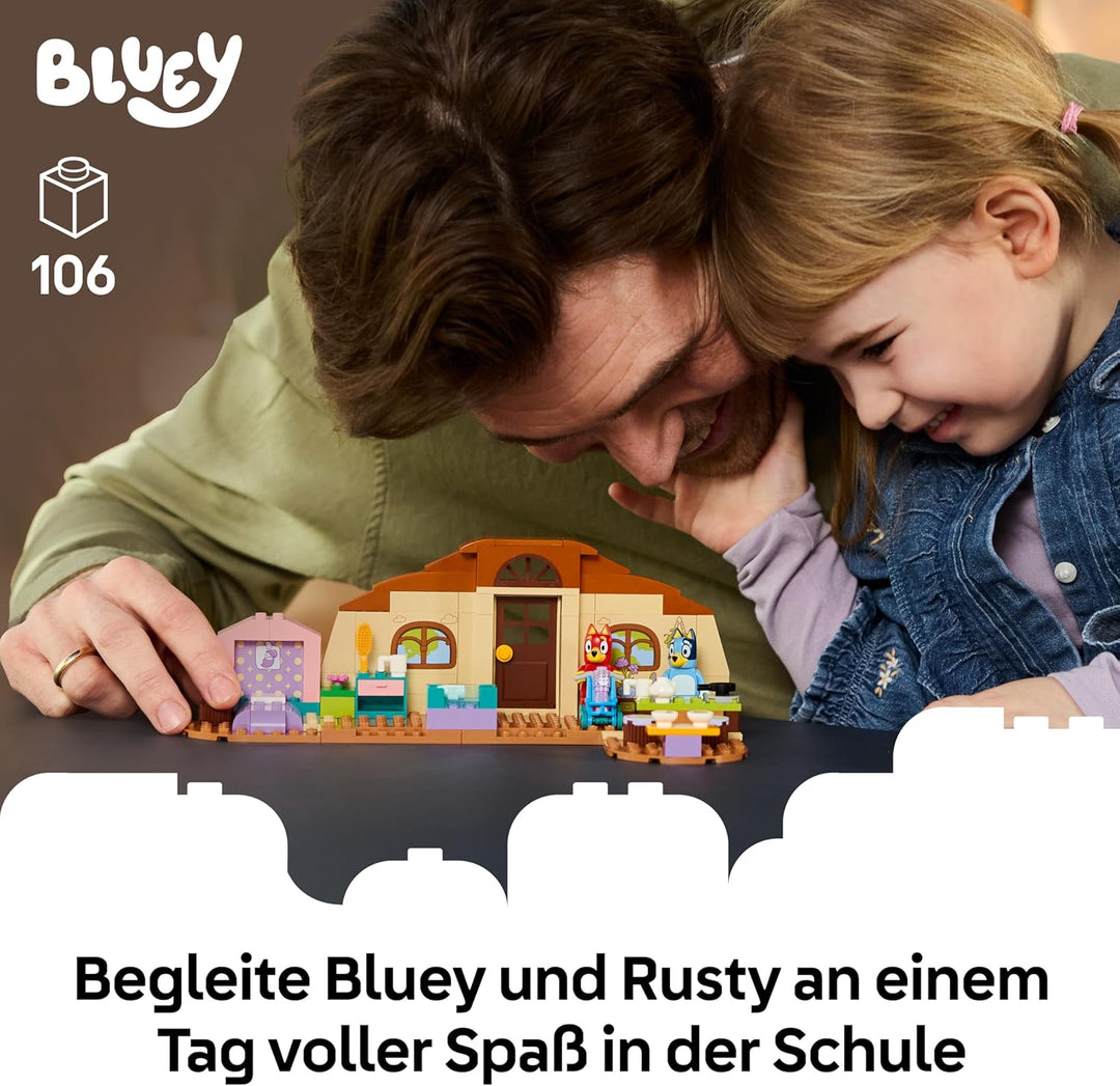 LEGO Bluey Schule mit Rusty und Bluey - Lernspielzeug mit Küche, Café, 2 Minifiguren & Spiellebensmi
