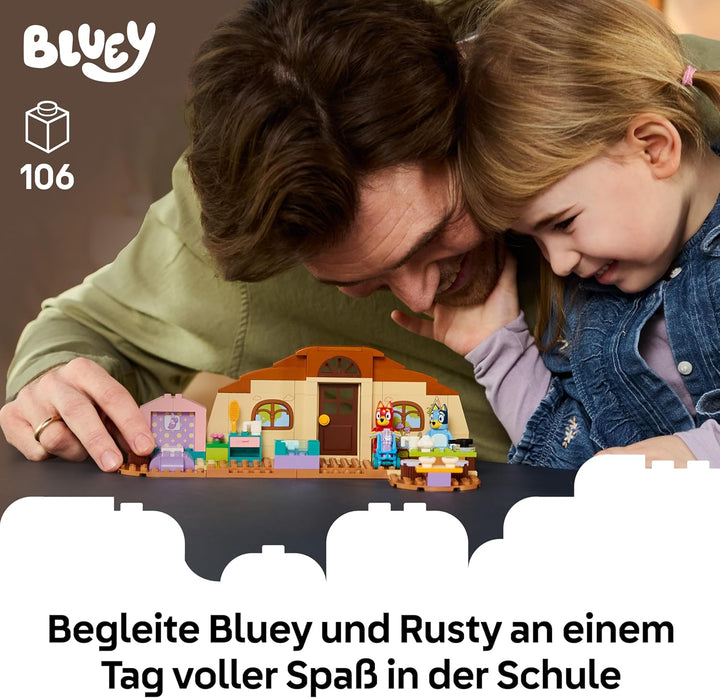 LEGO Bluey Schule mit Rusty und Bluey - Lernspielzeug mit Küche, Café, 2 Minifiguren & Spiellebensmi