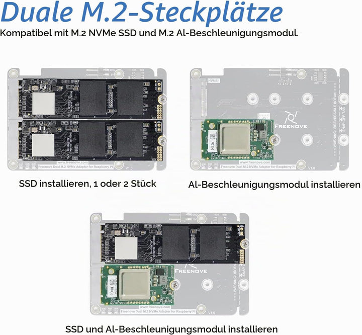 FREENOVE Dual M.2 NVMe SSD HAT for Raspberry Pi 5, M.2 Adapter AI HAT 2 Slots NAS RAID Kit, Solid St