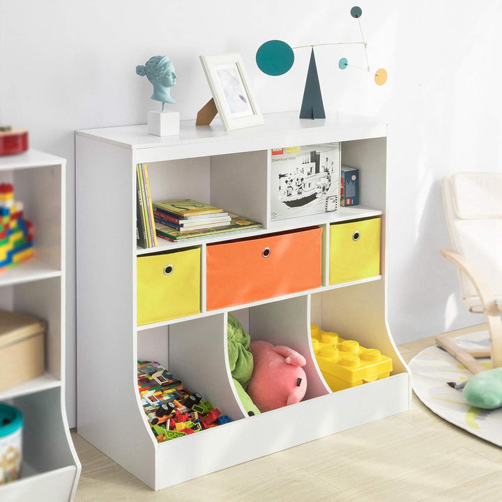 SoBuy KMB26-W Kinder Bücherregal Kinderregal mit 5 Ablagefächern und 3 Stoffboxen Spielzeugregal Auf