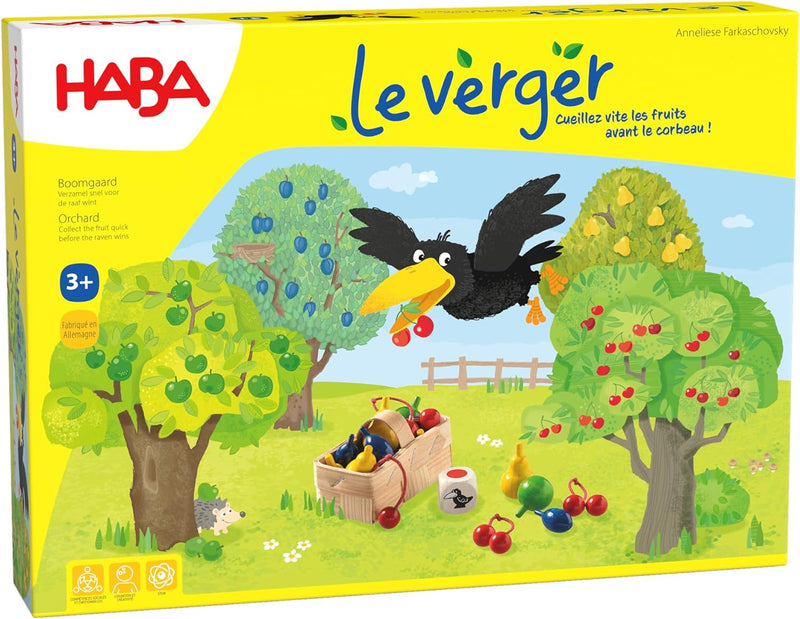 HABA Le Verger Jeu de dés passionant, avec 40 fruits en bois et des règles faciles à comprendre, jeu