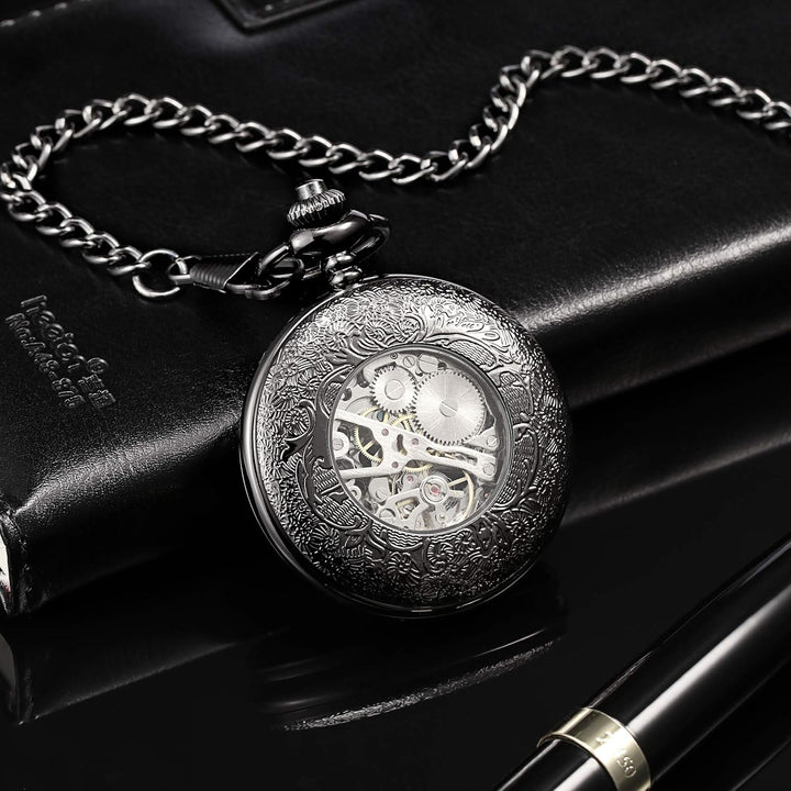 TREEWETO Mechanische Skelett-Taschenuhr für Herren und Damen, Bronze-Ausrüstung, hohles Gehäuse, Ste