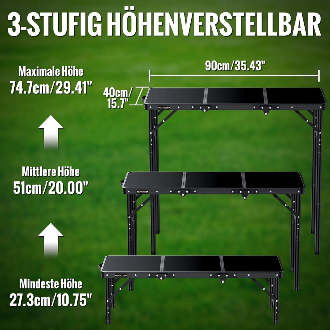 GARLLEN Klappbarer Campingtisch, 90x40cm mit 3 Höhenverstellbar(27/51/75cm), Stabiler Tragbar Klappt