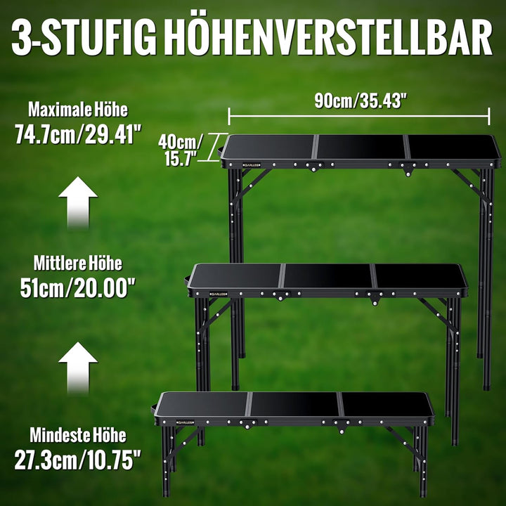 GARLLEN Klappbarer Campingtisch, 90x40cm mit 3 Höhenverstellbar(27/51/75cm), Stabiler Tragbar Klappt