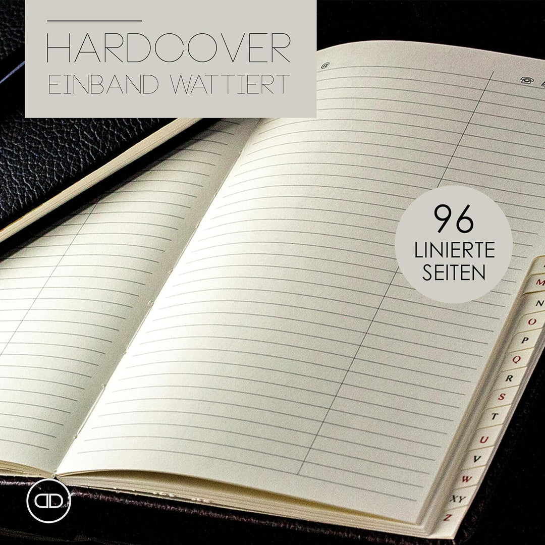 DELMON VARONE - Personalisierbares Adressbuch DIN A5 gebunden mit A-Z Register Softgrain Leder schwa