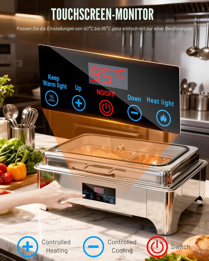 Chafing Dish Elektrisch, 9L Professioneller Speisenwärmer, Buffetwärmer mit Touchscreen Temperaturre