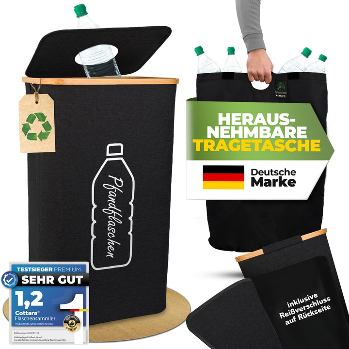 COTTARA® Pfandflaschen Sammelbehälter mit Deckel inkl. XXL Tragetasche | Pfandbehälter mit Loch | Id