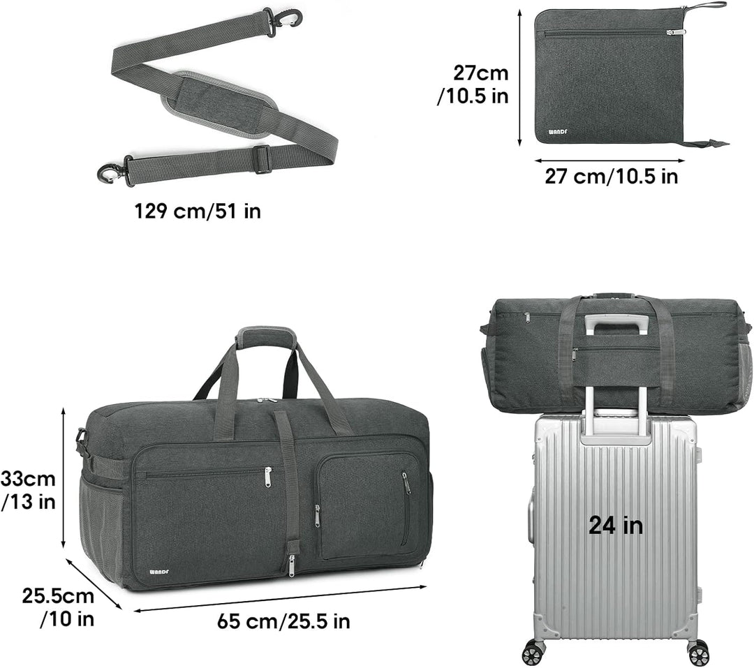 WANDF Reisetasche 65L mit Schuhfach Faltbare Weekender-Reisetasche Handgepäck für Männer Frauen (Gra