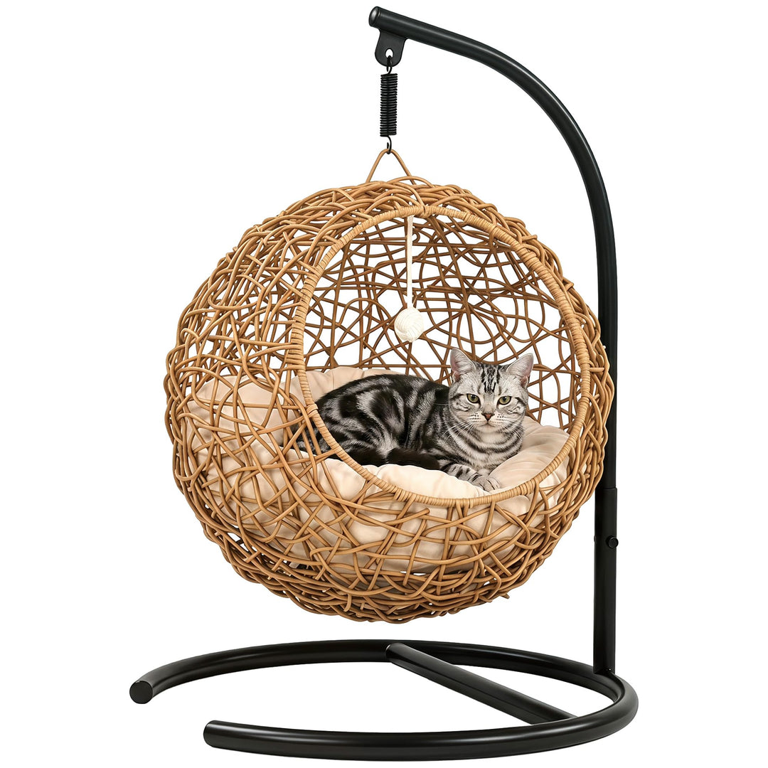 PawHut Katzenschaukel Rattan Hängesessel für Katzen mit Waschbarem Kissen und Spielball, hängendes K