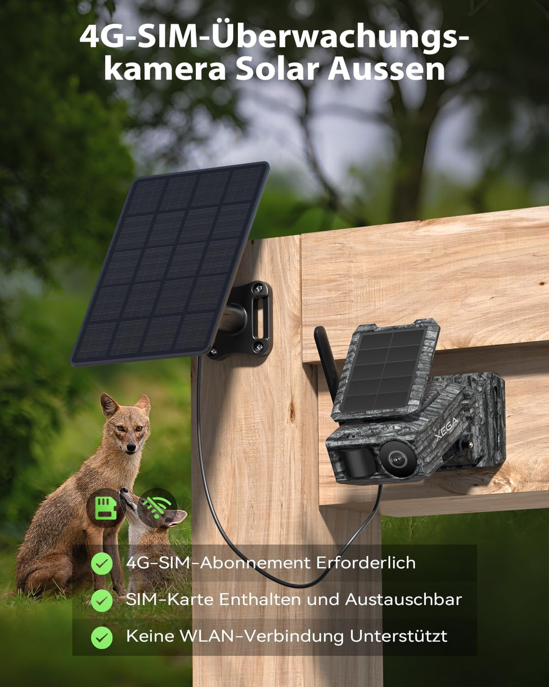 Xega 4G LTE Solar Überwachungskamera mit SIM-Karte & 2 Solarmodulen – Aussen Wildkamera Bewegungserk